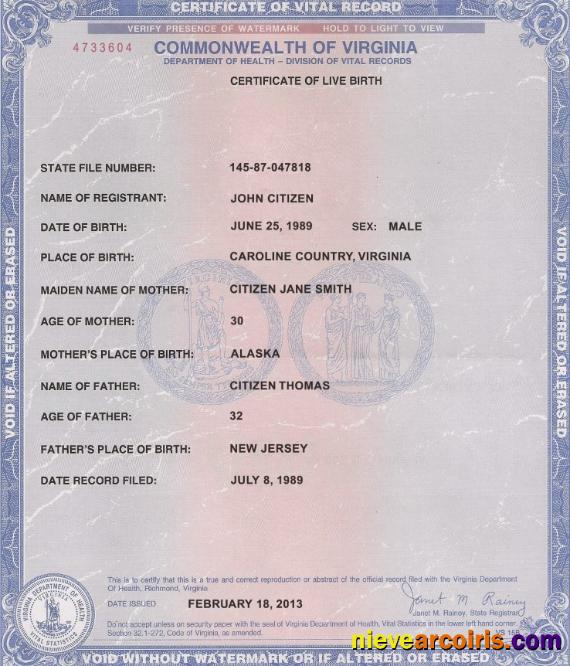 USA Virginia birth certificate